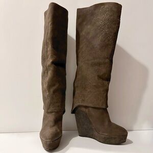 Elizabeth and James Plush Suede Knee-High Wedge Boots with Fold-Over Cuff